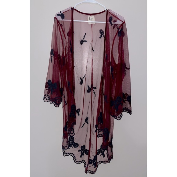Haute Project Sweaters - Haute Project, sheer maroon/burgundy cardigan w/ blue floral detail, Size L